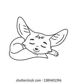 Black and white illustration of sleeping cartoon fennec fox. Cute kawaii  character. Funny emotion and face expression. Isolated on white background