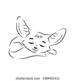 Black an white illustration of sleeping cartoon fennec fox. Cute kawaii  character. Funny emotion and face expression. Isolated on white background