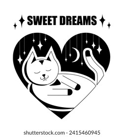 Black and white illustration of a sleeping cat inside a heart. Sweet dreams. Design element. Tattoo. Minimalistic vector illustration