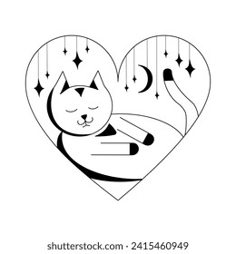 Black and white illustration of a sleeping cat inside a heart. Sweet dreams. Design element. Tattoo. Minimalistic vector illustration