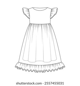 Black and white illustration of a sleeveless girls' dress with ruffled sleeves and hemline, showcasing a simple yet elegant design for children's clothing