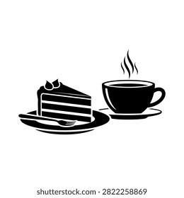 A black and white illustration of a slice of layered chocolate cake on a plate with a fork, next to a steaming cup of coffee.