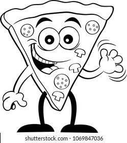 Black and white illustration of a slice of pizza waving.