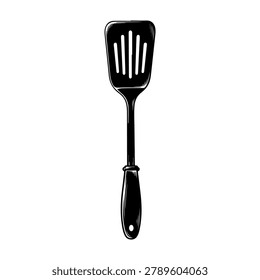 A black and white illustration of a slotted spatula, a common kitchen tool for cooking and serving.