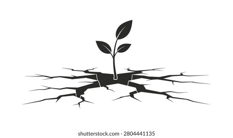 A black and white illustration of a small plant sprouting from cracked dry earth.   