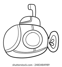 Ilustración en blanco y negro de un submarino redondeado Pequeño, Clipart en blanco y negro, página para colorear