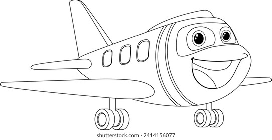 Black and white illustration of a smiling airplane.