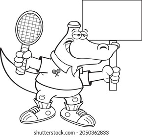 Black and white illustration of an smiling alligator holding a tennis racket and a sign.