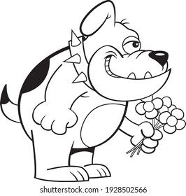 Black and white illustration of a smiling bulldog holding flowers.