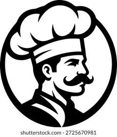 Ilustración en blanco y negro de un chef sonriente con un bigote que lleva un toque