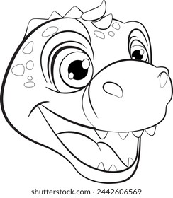 Black and white illustration of a smiling dinosaur.