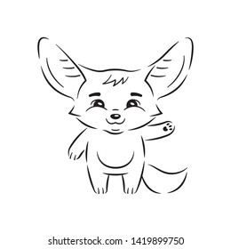 Black and white illustration of smiling fennec fox who swings its paw with salutation. Cute kawaii cartoon character. Funny emotion and face expression. Isolated on white background