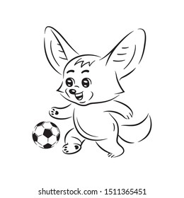 Black and white illustration of smiling fennec fox who plays soccer. Cute kawaii cartoon character. Funny emotion and face expression. Isolated on white background