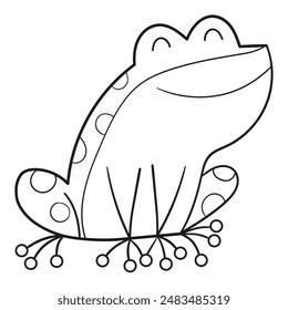 Black and white illustration of a smiling frog sitting on the ground, clipart, coloring page