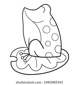 Black and white illustration of a smiling frog in profile sitting on a lily pad, clipart, coloring page