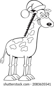 Black and white illustration of a smiling giraffe wearing a Santa Claus hat.
