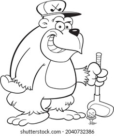 Black and white illustration of a smiling gorilla wearing a golf cap while holding a golf club.