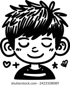 Una ilustración en blanco y negro de un niño sonriente, los ojos cerrados con alegría. Ideal para el contenido de los niños, capturando la inocencia y la felicidad.