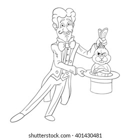 Black and white illustration of smiling magician who pulls out a displeased rabbit from a hat