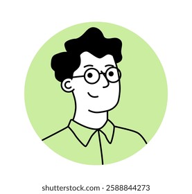 Black and white illustration of a smiling man with glasses and curly hair, wearing a collared shirt. The background is a green circle. Concept of avatar or profile icon. Vector illustration