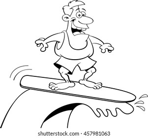 Black and white illustration of a smiling man surfing.