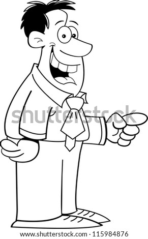 Black and white illustration of a smiling man pointing