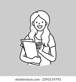 Black and white illustration of a smiling person holding papers. Simple line art with a cheerful expression. Minimalist design with a happy vibe. Vector illustration.
