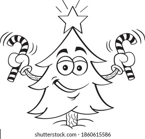 Black and white illustration of a smiling pine tree holding candy canes.