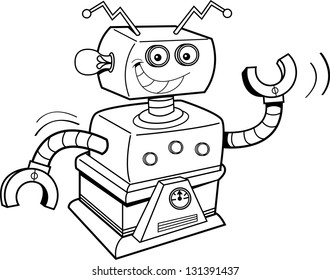 Black and white illustration of a smiling robot.