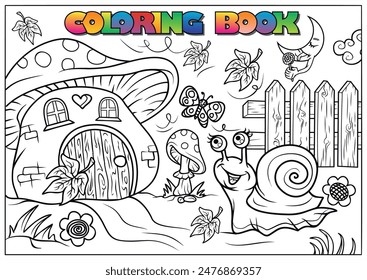 Black and white illustration of a smiling snail near a mushroom house with other fantasy elements, ideal for children's coloring activities.