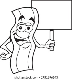 Black and white illustration of a smiling strip of bacon holding a sign.