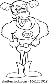 Black and white illustration of a smiling, superhero in a costume.