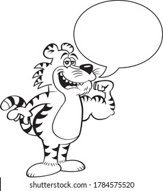 Black and white illustration of a smiling tiger making a muscle with a caption balloon.