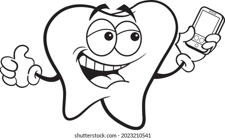 Black and white illustration of a smiling tooth taking a picture with a cell phone.