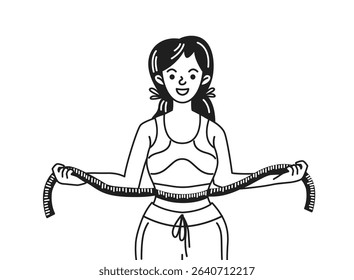 Black and white illustration of a smiling woman measuring her waist with a tape. She exudes happiness and confidence in achieving fitness goals.