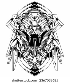 black and white illustration of a snake head robot and frame mechanic