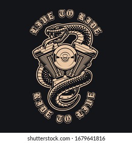 Black and white illustration of a snake with motorcycle engine. Perfect for a logo, apparel designs and many other uses.