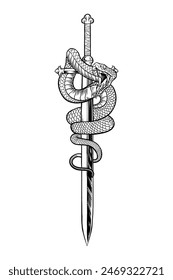 black and white illustration of a snake on a sword