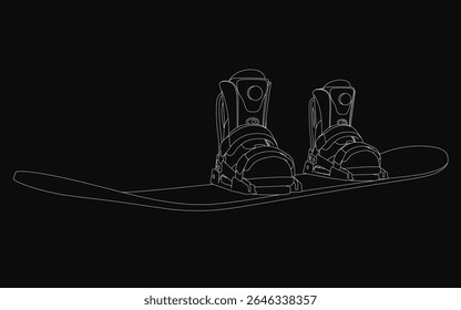 Ilustração em preto e branco de botas de snowboard com contornos em preto e branco contra um fundo escuro. O contraste acentuado destaca o design das botas, criando uma estética minimalista impressionante.