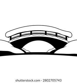 A black and white illustration of a snow-covered bridge arching over a body of water, surrounded by snowy banks.