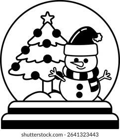 black and white illustration of a snowman in the christmas globe