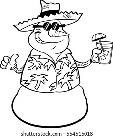 Black and white illustration of a snowman wearing a straw hat and holding a tropical drink.