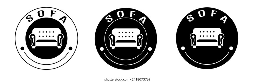Black and white illustration of sofa sign icon in flat. Stock vector.