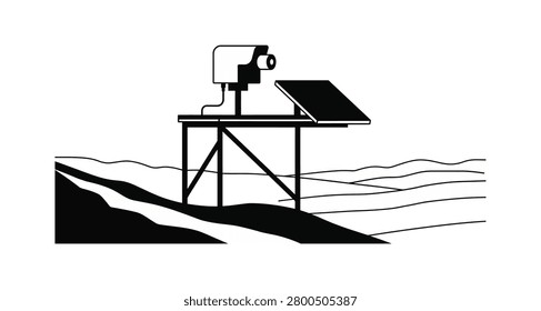A black and white illustration of a solar panel and a telescope on a stand overlooking a body of water.   