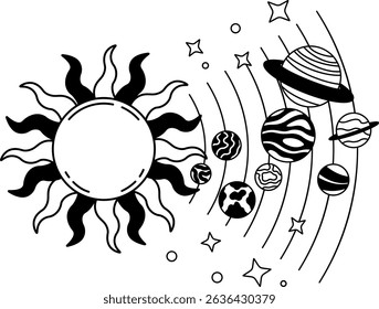 black and white illustration of the solar system