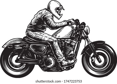 black and white illustration of someone riding an old motorcycle