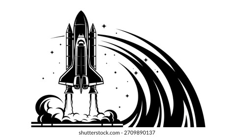 Ilustración en blanco y negro de un transbordador espacial despegando, dejando un rastro de humo y fuego.