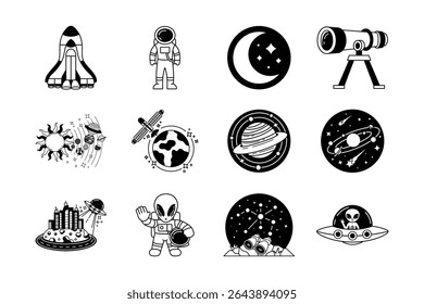 black and white illustration of spaceship alien in the galaxy collection