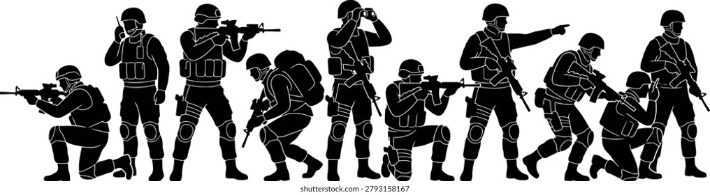 A black and white illustration of special forces operatives in various tactical positions, showcasing their equipment and movements.