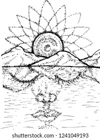 Black white illustration of the spirit of nature and the divine. Mandala, mountains, translucent face of nature.